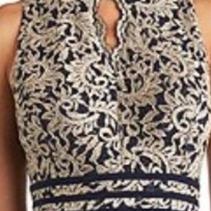 R & M Richards Navy and Gold Glitter Lace Halter Dress Size 6